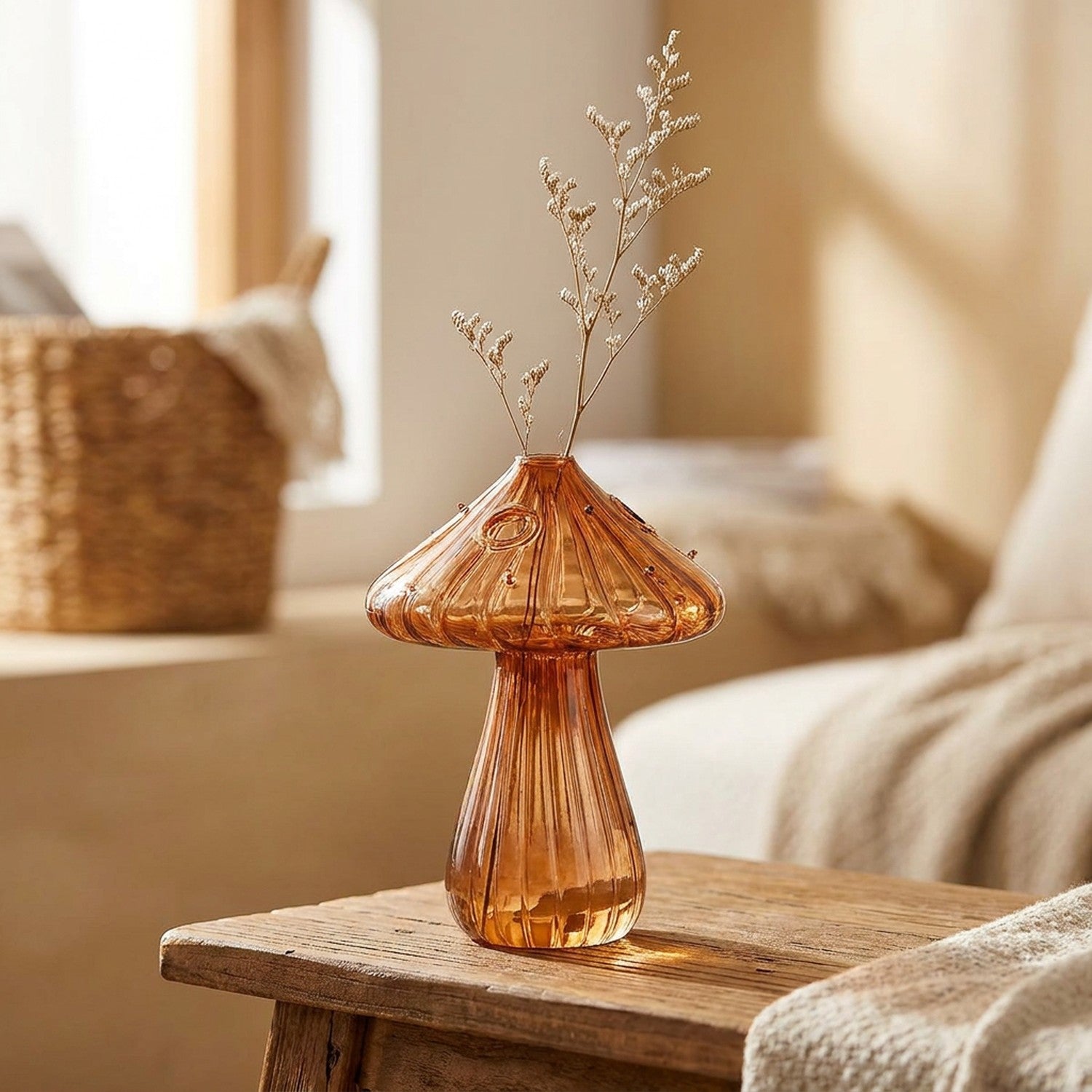 Vase champignon en verre marron au chapeau pointu avec une tige séchée
