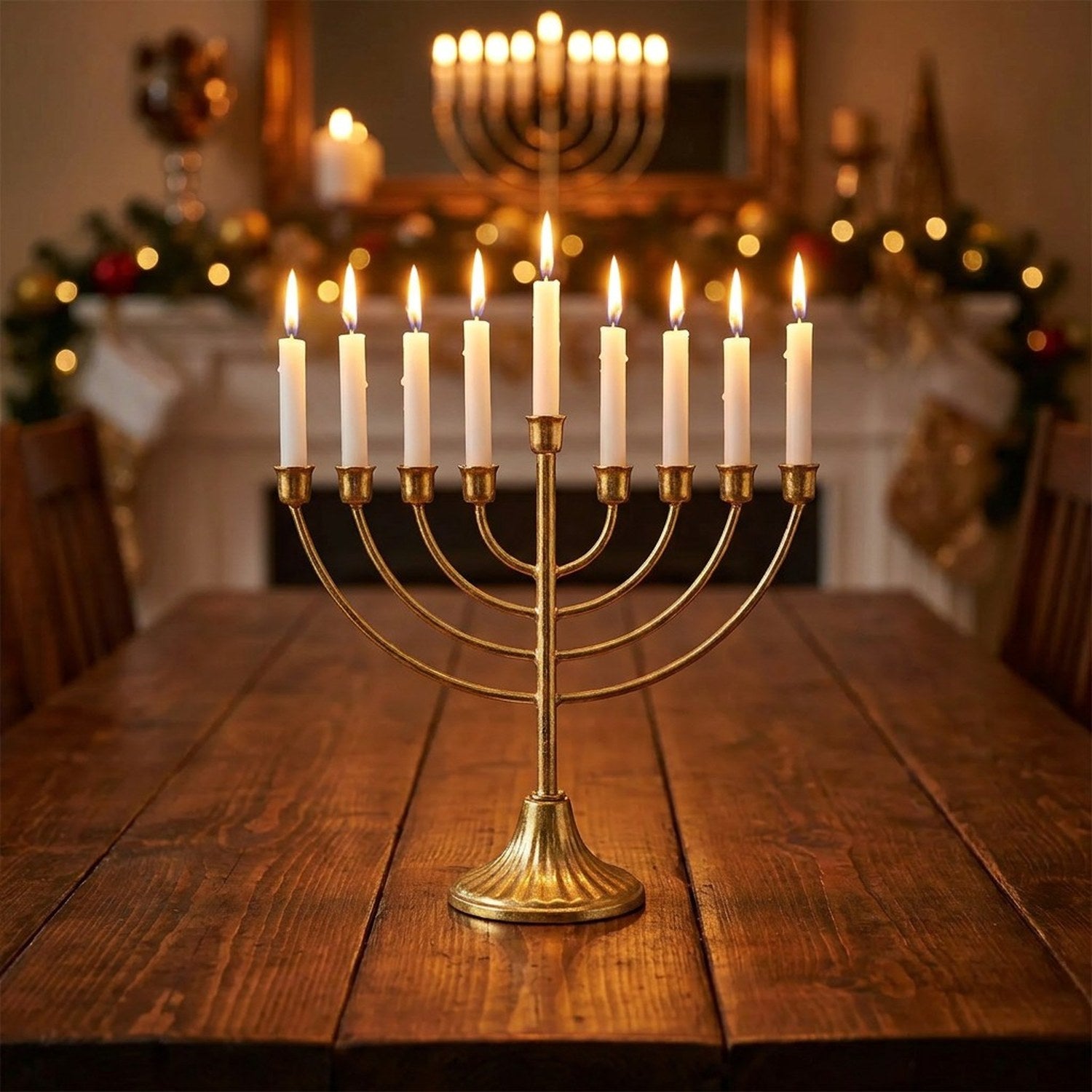 Menorah juive 9 branches métal doré bougies allumées Hanoukka décoration