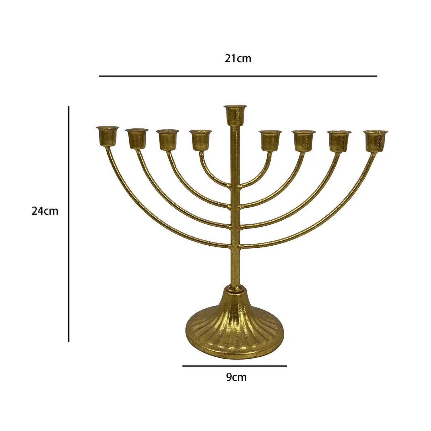 Schéma des dimensions du chandelier Menorah 21 cm de large 24 cm de haut base 9 cm
