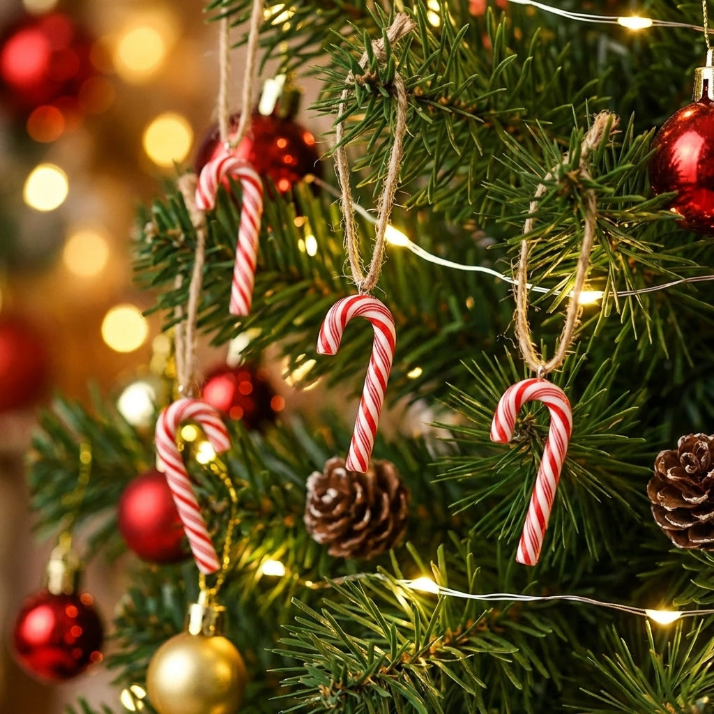 Gros plan de mini cannes à sucre accrochées sur une branche de sapin