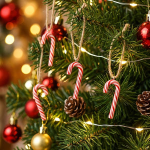 Gros plan de mini cannes à sucre accrochées sur une branche de sapin