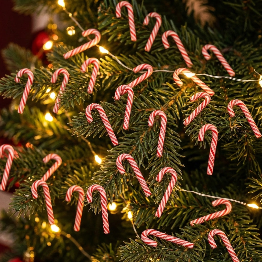 Lot de mini cannes à sucre décoratives en résine rouge et blanc sur un sapin de Noël