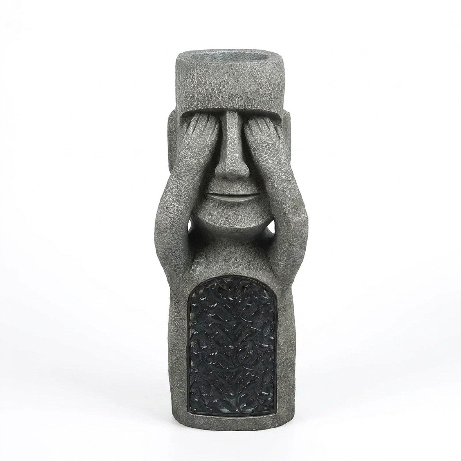 Statue moaï cache les yeux en résine grise fond blanc