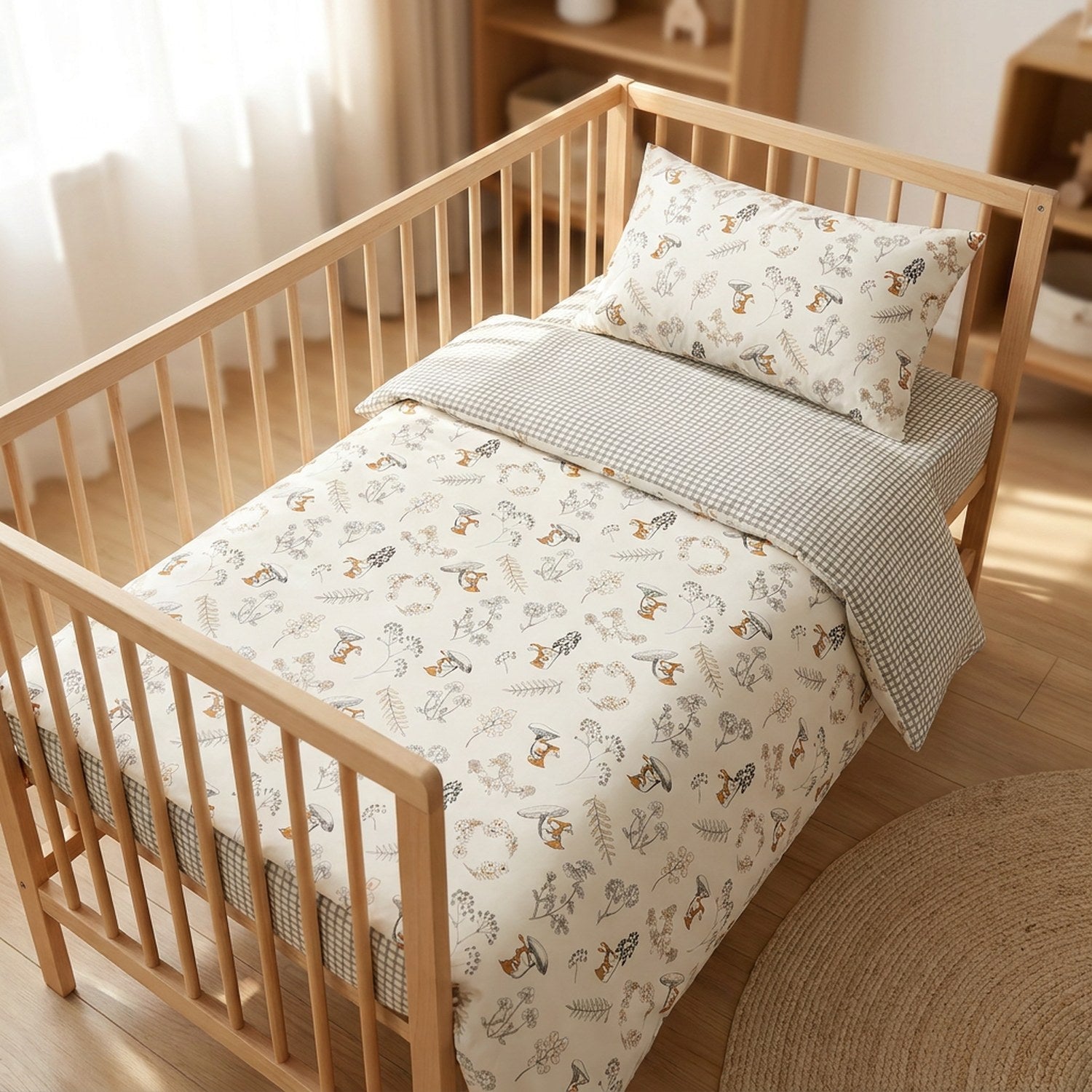 Parure de lit bébé motif Renard dans un berceau