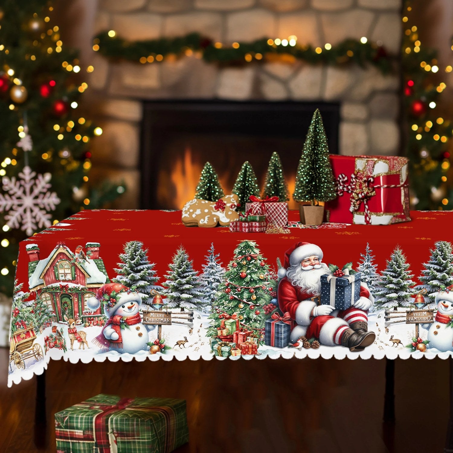 Nappe de Noël rectangulaire rouge avec personnages festifs et bord en dentelle sur table de fête