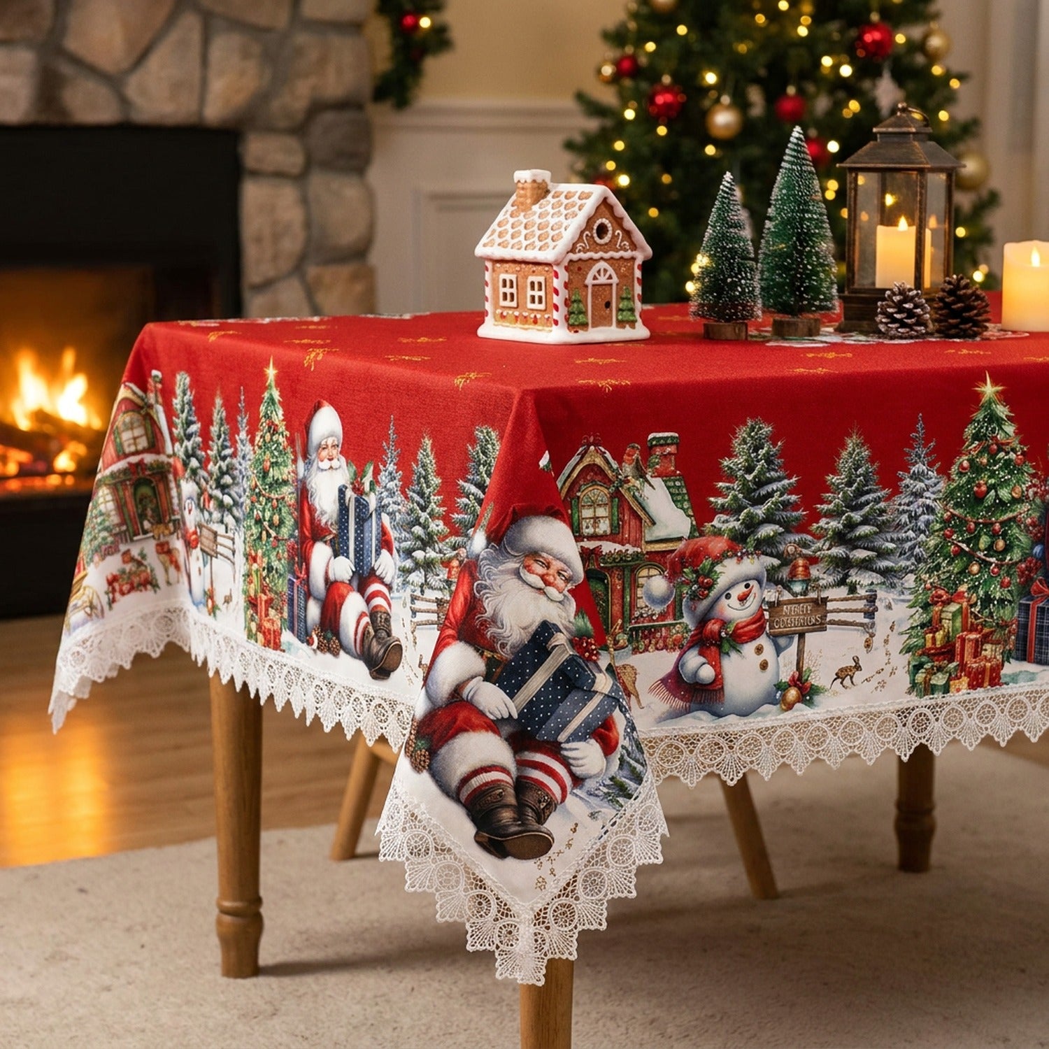 Grande table de Noël avec nappe rouge imperméable Père Noël bonhomme de neige cheminée