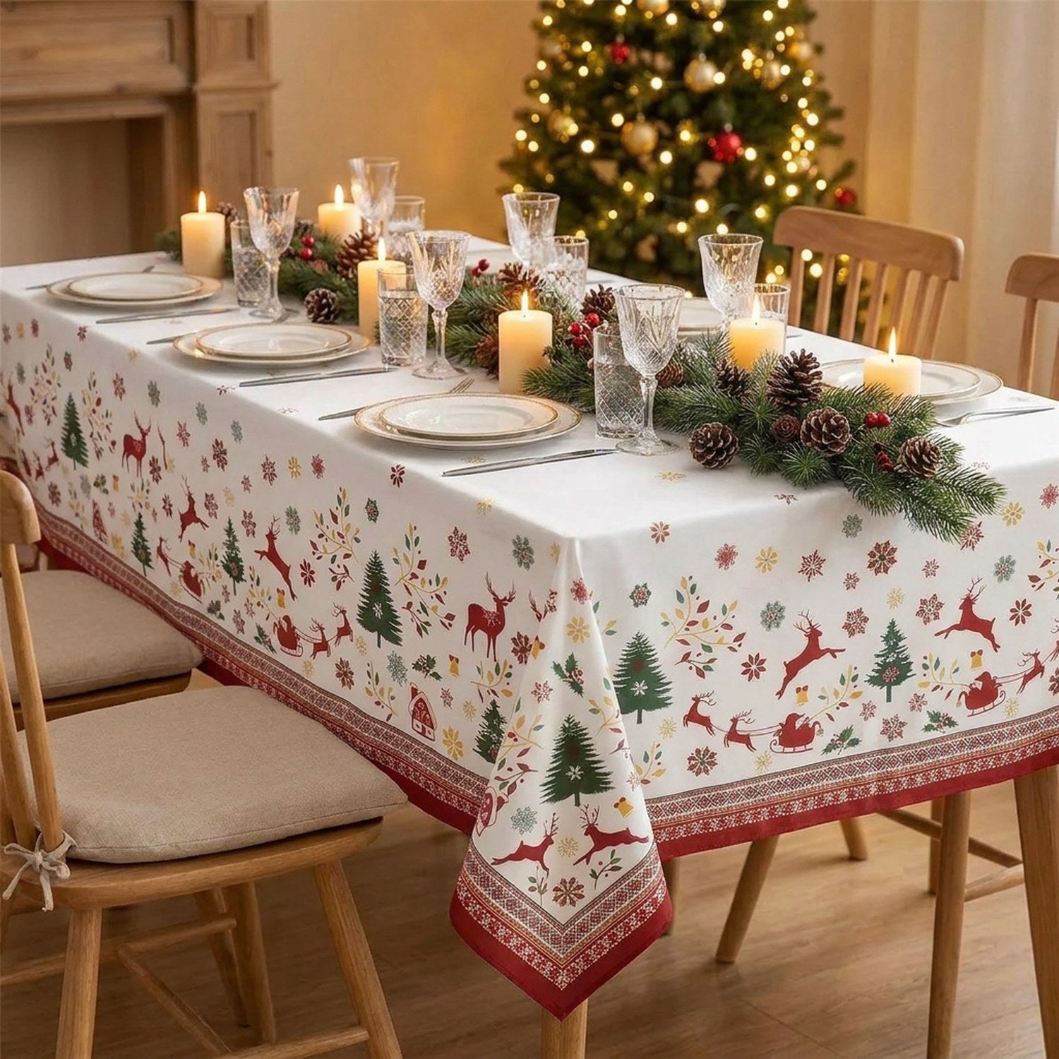 Nappe de Noël motifs rennes et sapins ambiance festive