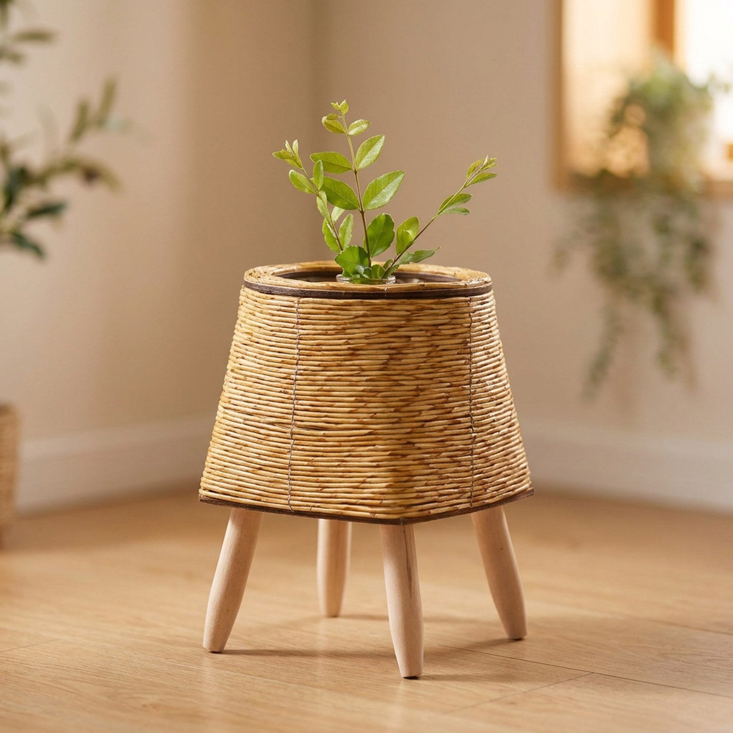 Cache-pot évasé en rotin naturel clair sur quatre pieds en bois avec plante
