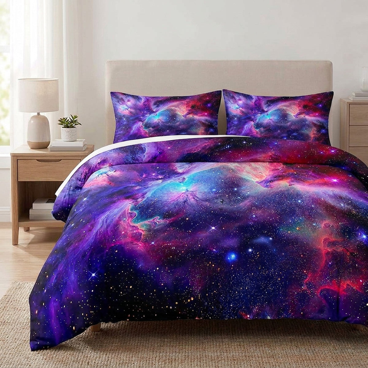 Parure de lit nébuleuse violette installée sur un lit fait dans une chambre lumineuse