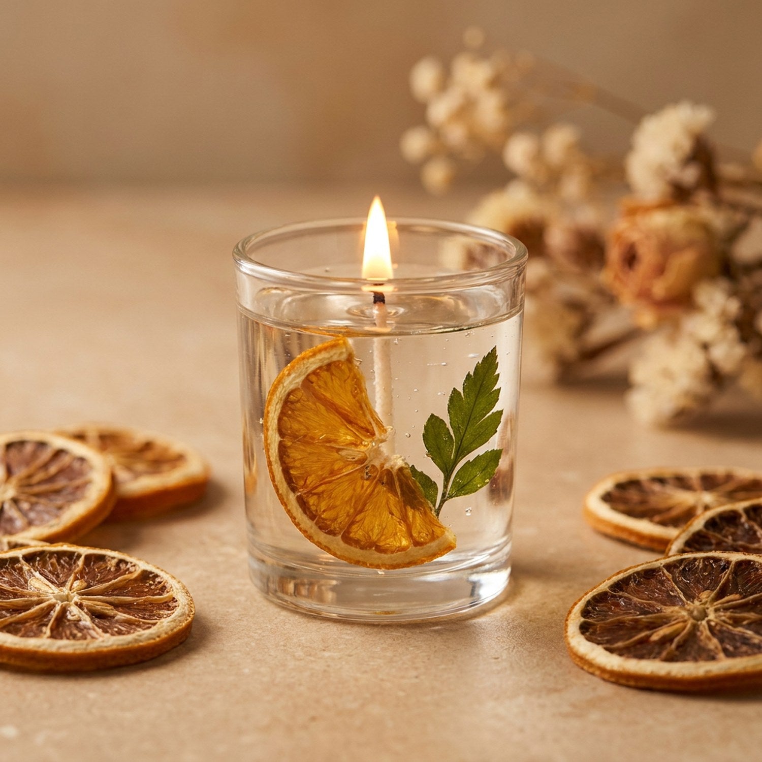 Bougie parfumée Néroli tranche d orange séchée dans un verre transparent