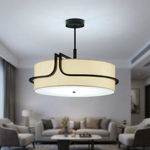 Lustre en tissu crème avec lumière blanche neutre allumée