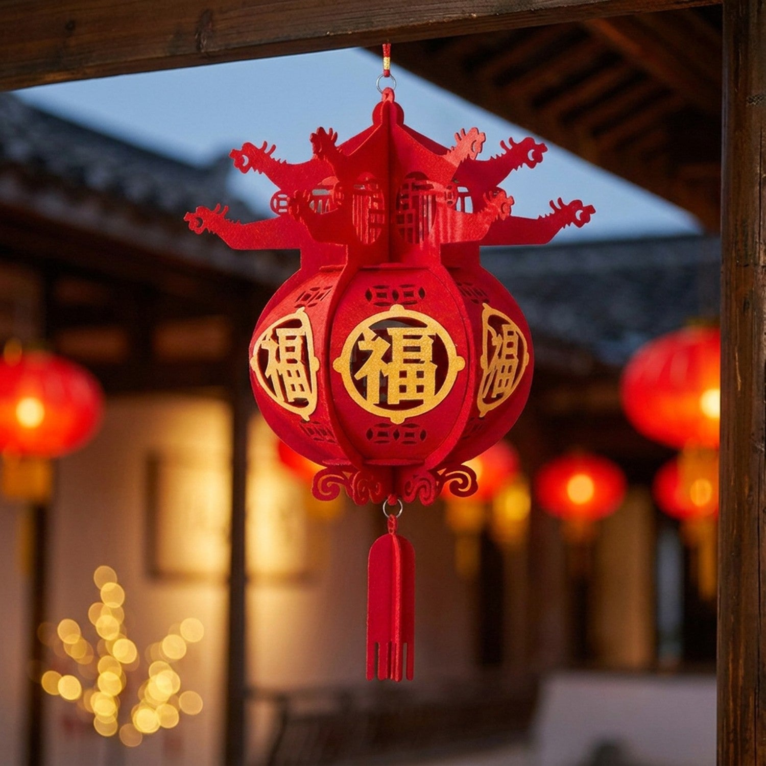 Lanterne chinoise Dragon en tissu flocké rouge suspendue à une poutre dans une cour traditionnelle au crépuscule