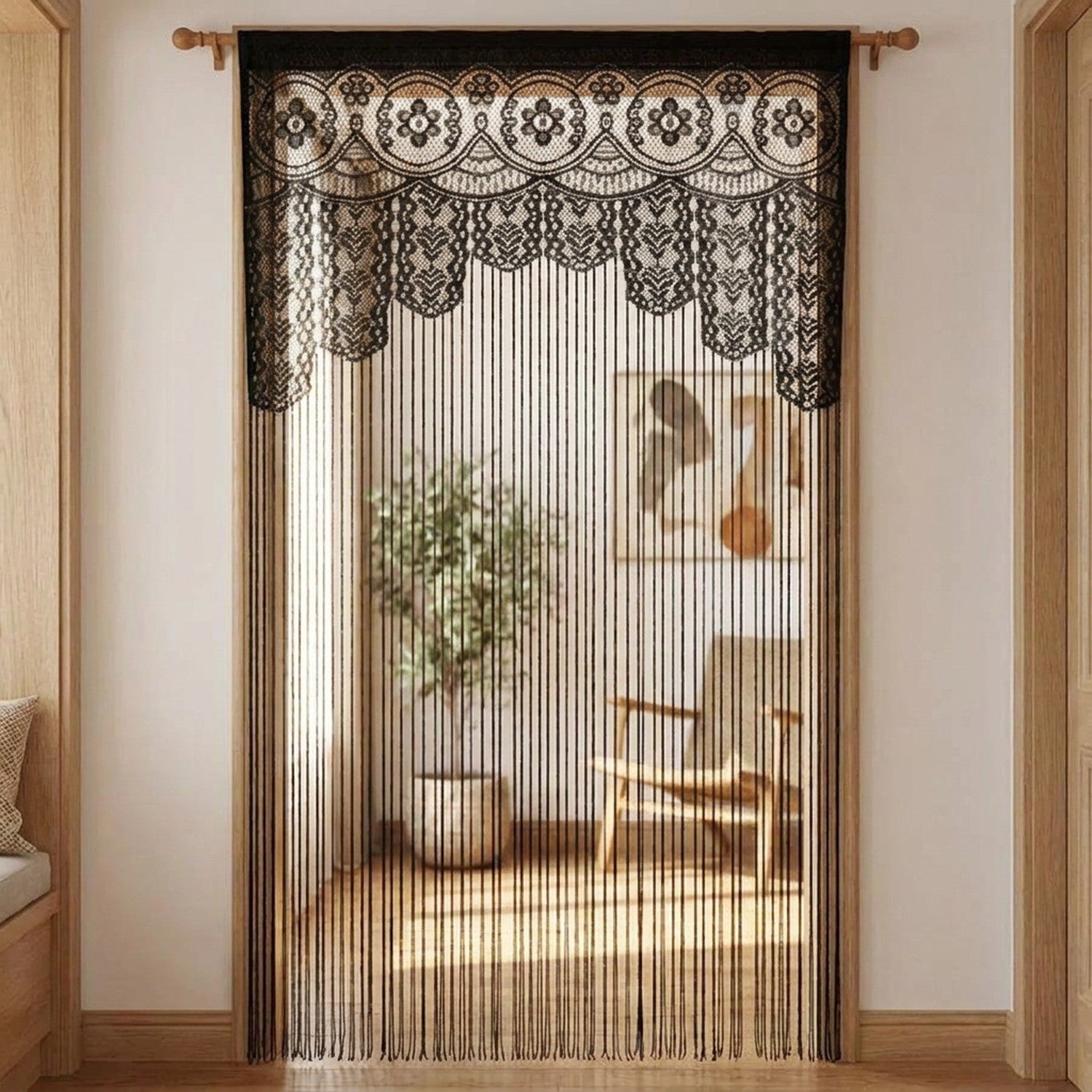 Rideau de porte en macramé noir à dentelle ajourée et fils suspendus