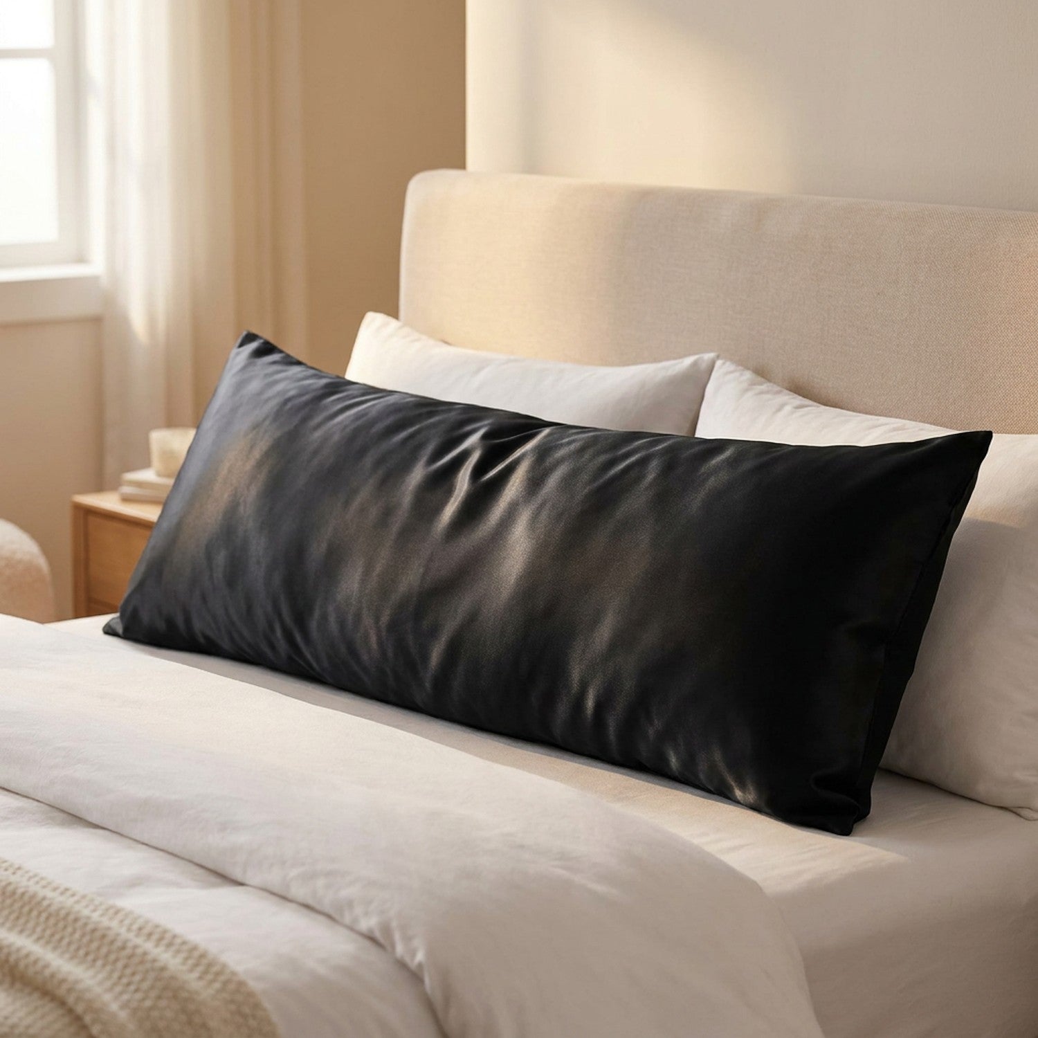 Taie d'oreiller traversin en satin noir sur un lit