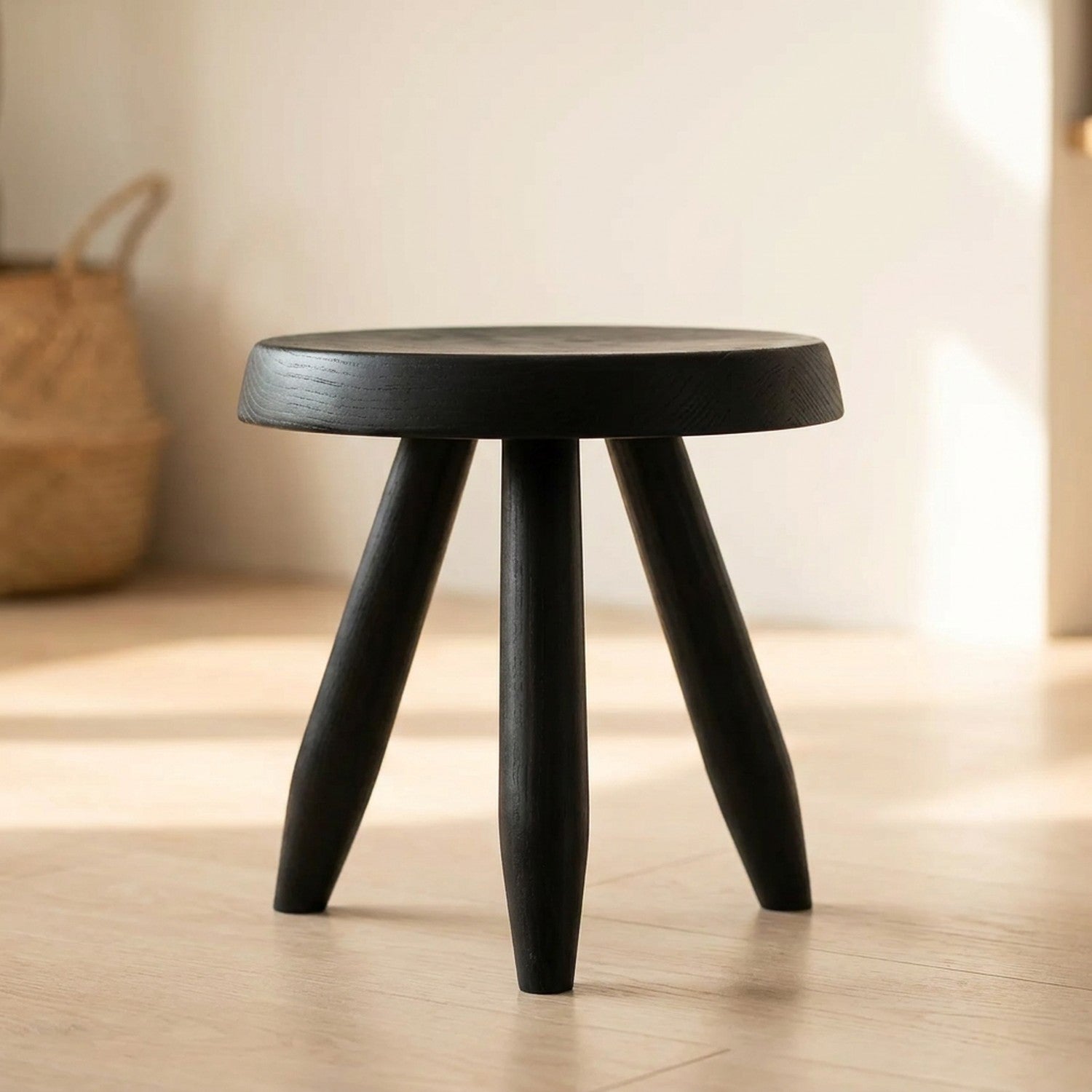 Tabouret rond bas en bois noir avec pieds tripode