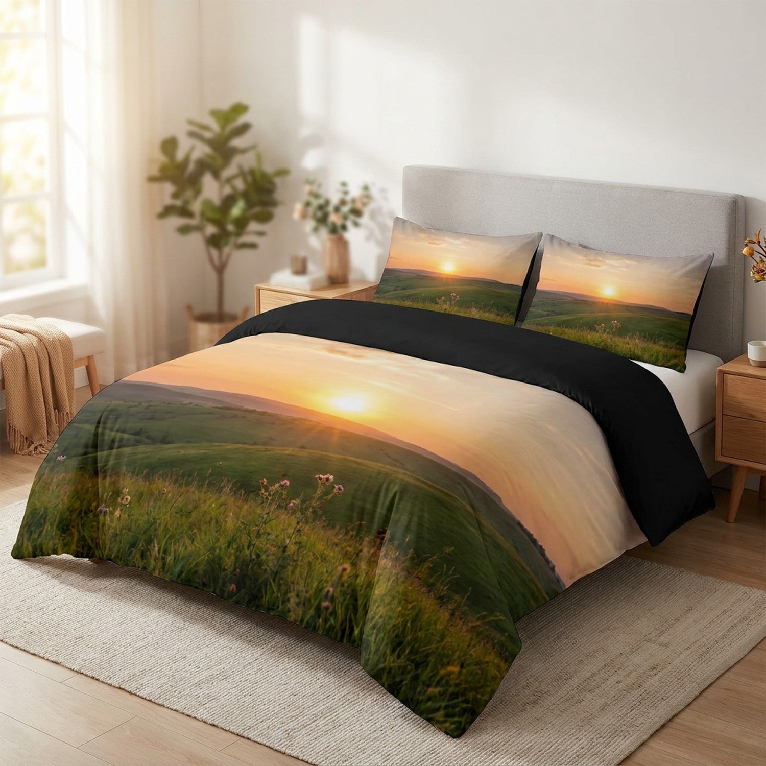 Parure de lit personnalisée avec dos noir sur un lit lumineux
