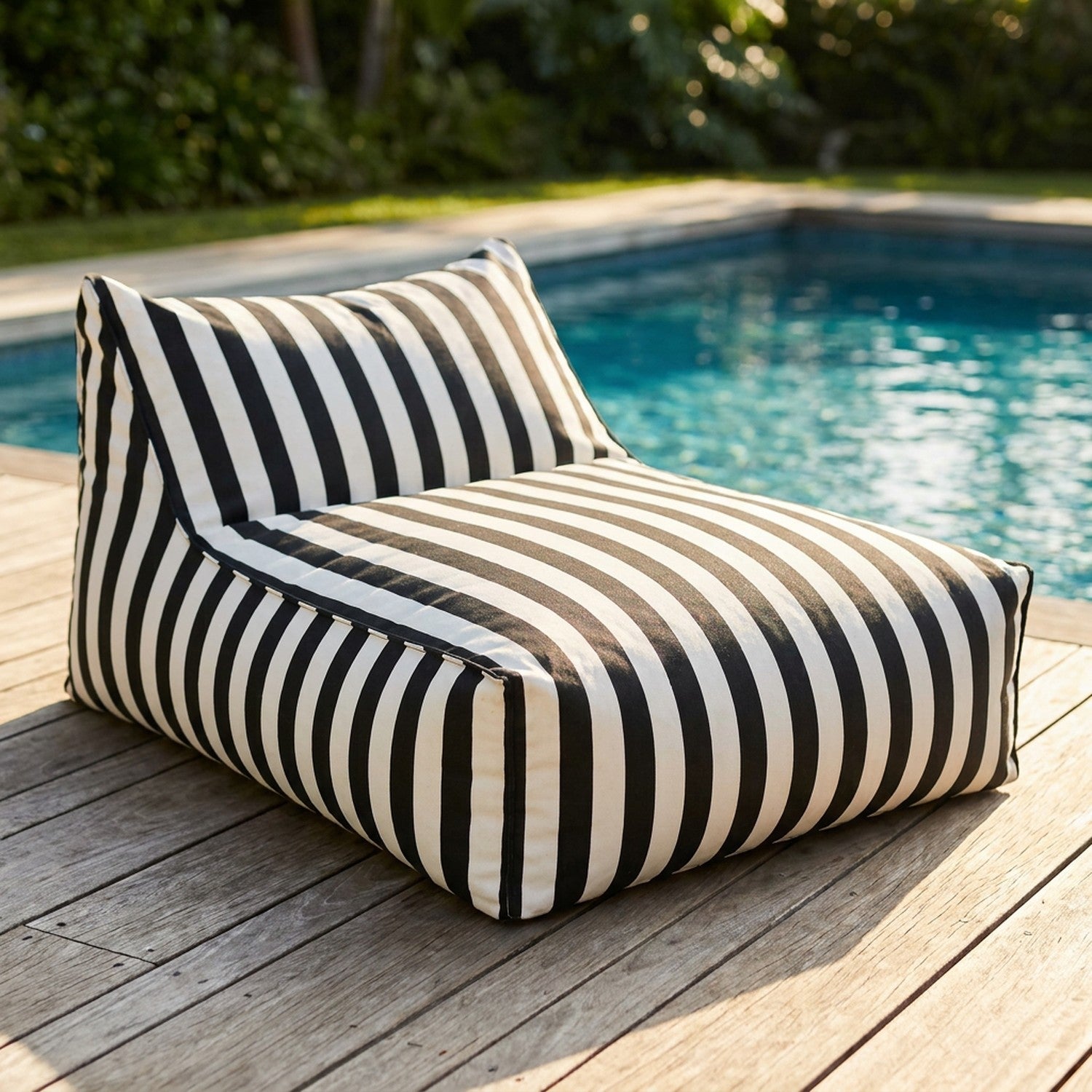 Housse de pouf géant flottant à rayures noires et blanches posée au bord d'une piscine