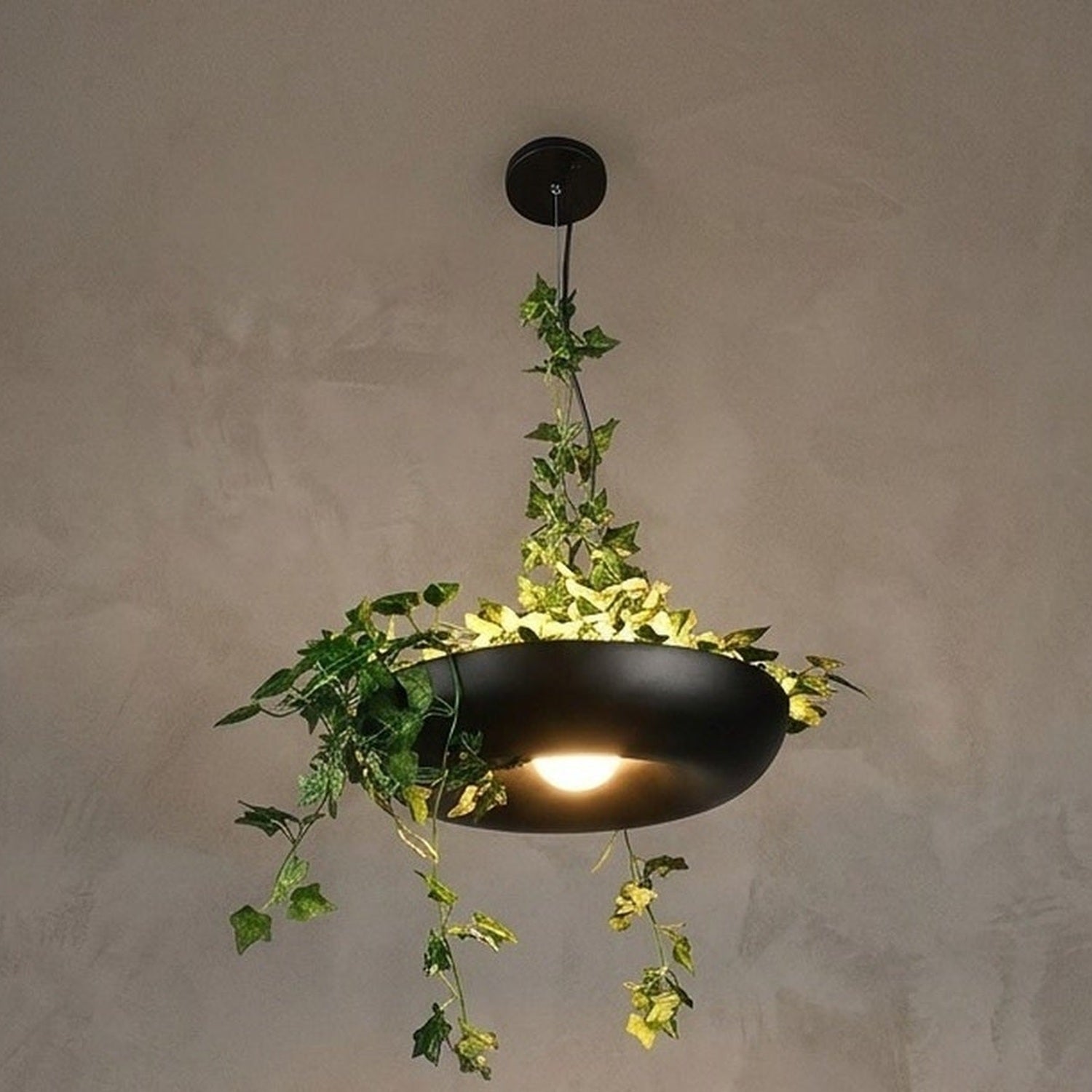 Suspension pot de fleurs LED noire avec plantes retombantes