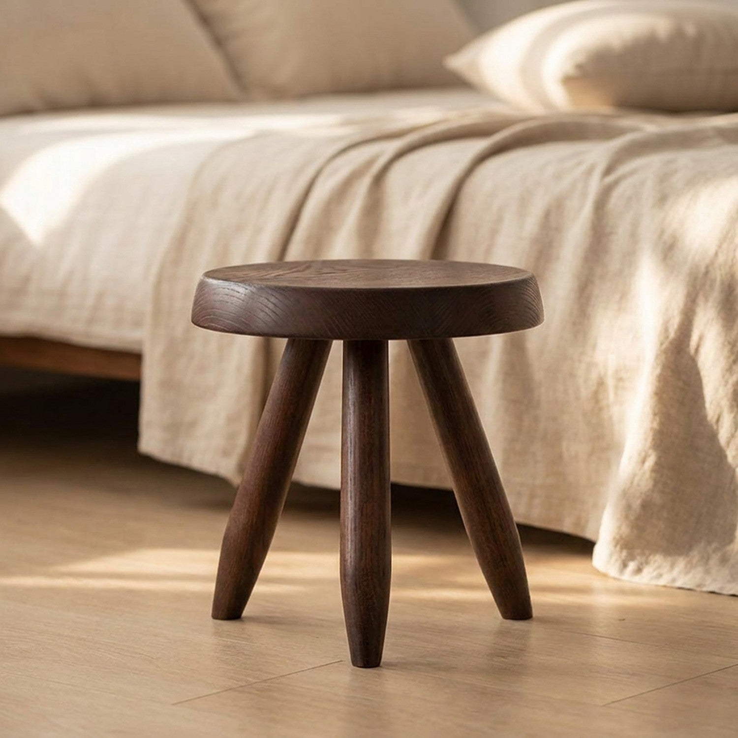 Tabouret rond bas en bois noyer avec pieds tripode