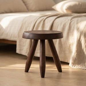 Tabouret rond bas en bois noyer avec pieds tripode