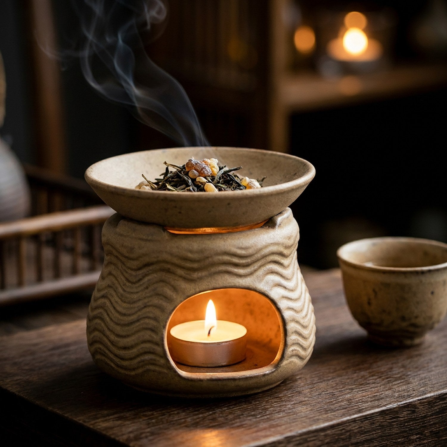 Brûle-parfum rond en céramique à motif ondulé avec bougie allumée
