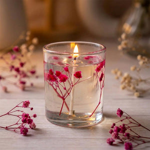 Bougie parfumée Orange sanguine petites fleurs roses séchées dans un verre transparent