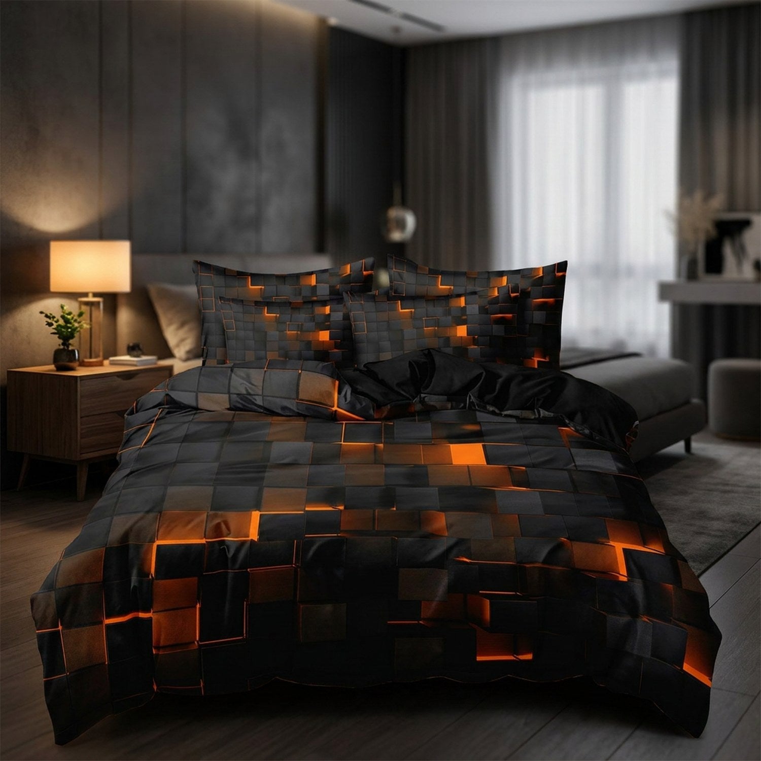 Parure de lit au motif géométrique 3D à cubes orange lumineux sur un lit