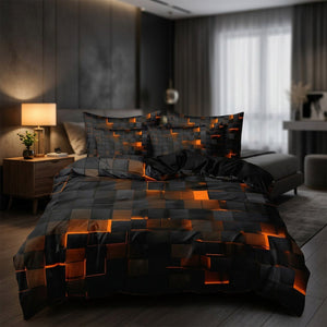 Parure de lit au motif géométrique 3D à cubes orange lumineux sur un lit