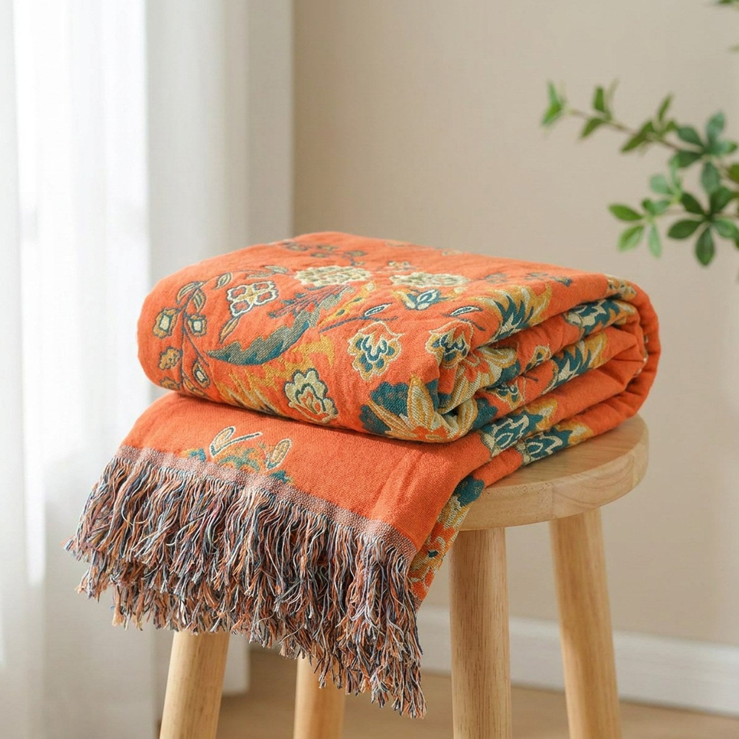 Plaid bohème couleur orange motifs floraux