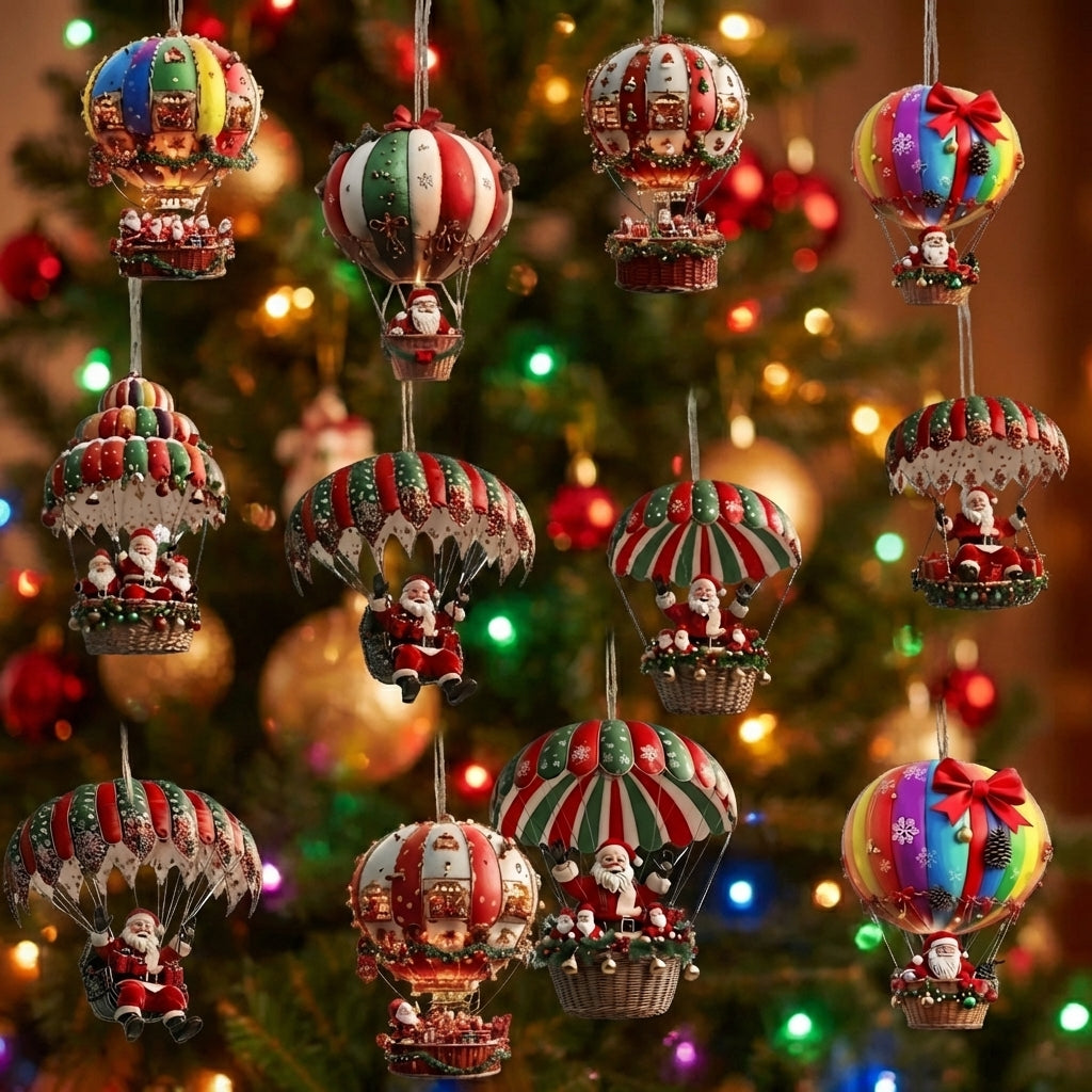 Ornements de Noël montgolfière en bois imprimé coloré lot de 10 pendentifs Père Noël