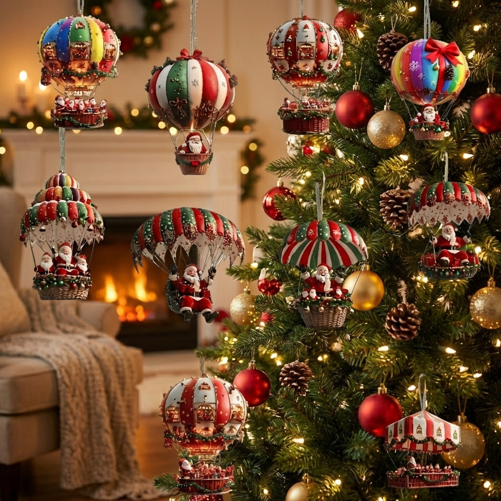 Lot de 10 ornements montgolfière colorés accrochés sur sapin de Noël dans salon chaleureux