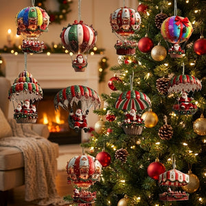 Lot de 10 ornements montgolfière colorés accrochés sur sapin de Noël dans salon chaleureux