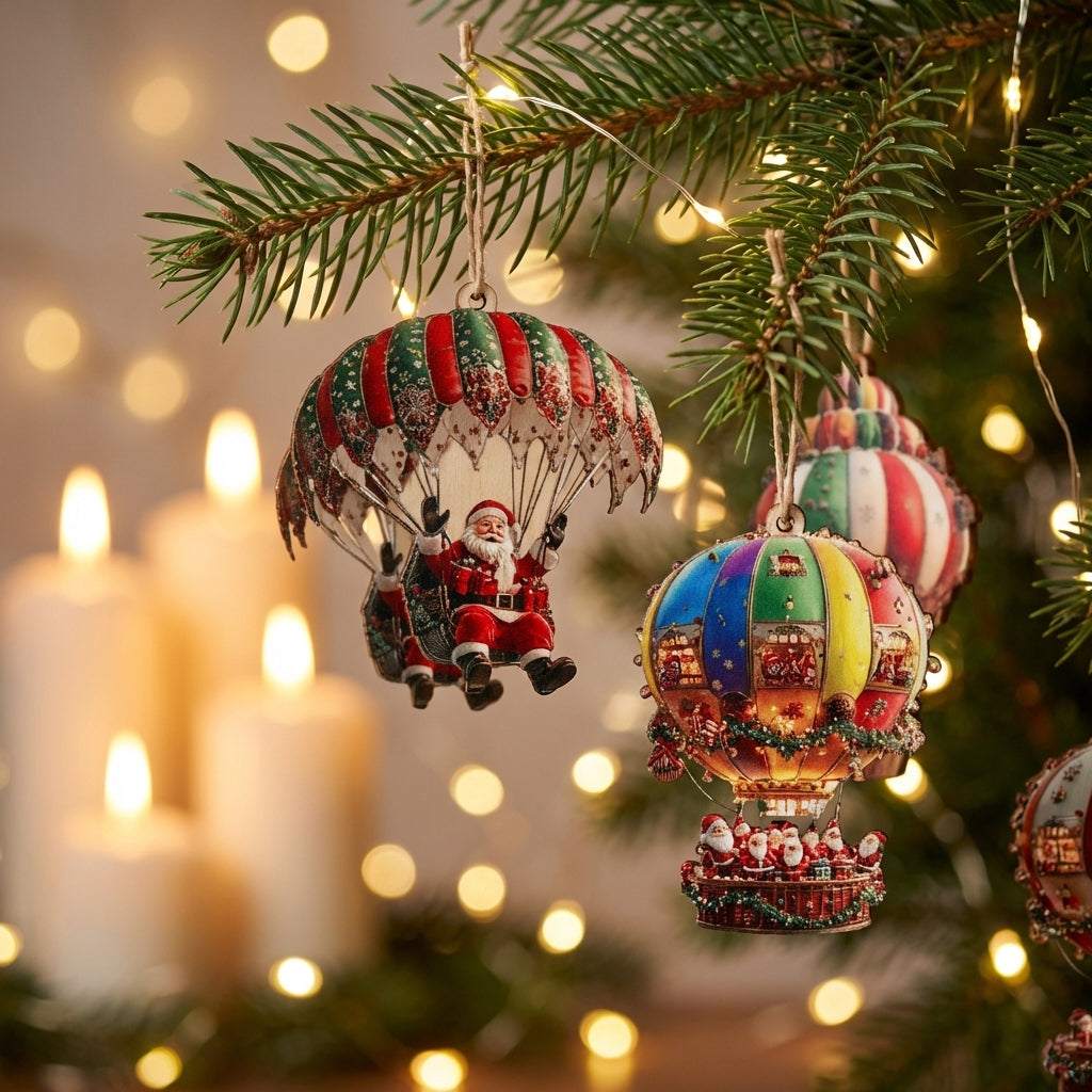Détail de deux ornements montgolfière Père Noël en bois imprimé avec lumières féeriques