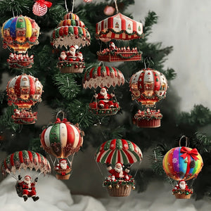 Collection complète de 10 ornements montgolfière en bois colorés
