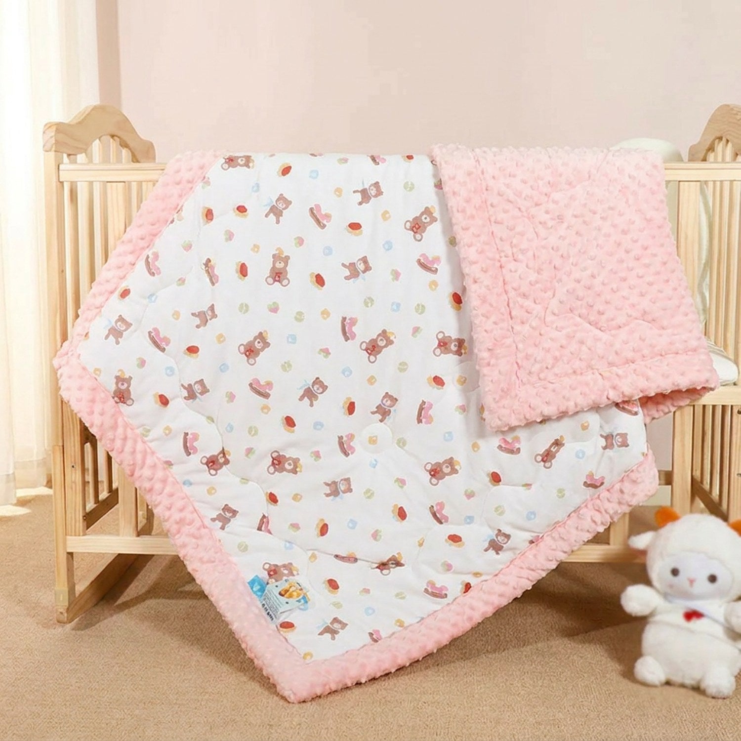 Couverture enfant matelassée à motifs d'oursons et dos minky rose