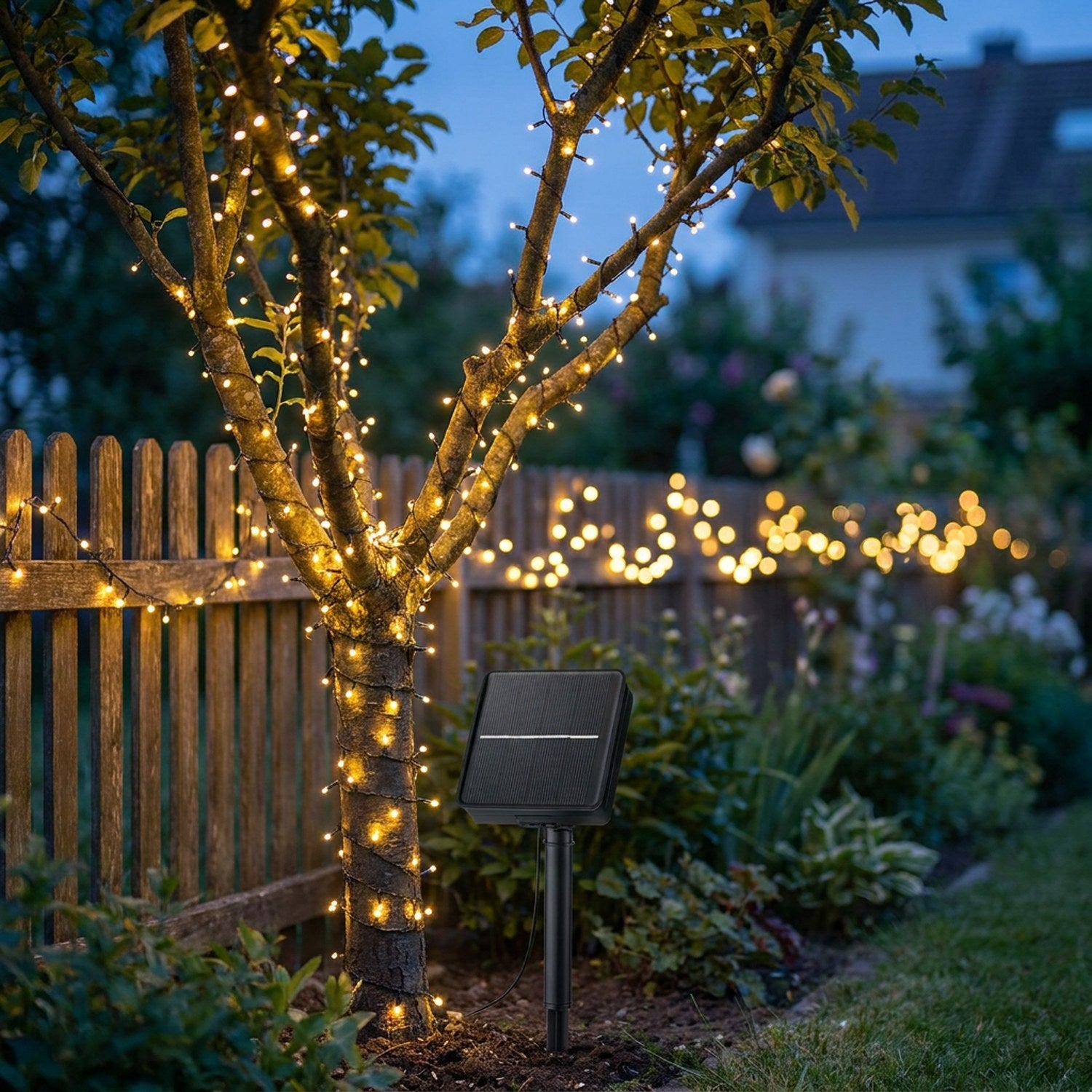 Guirlande lumineuse solaire blanc chaud enroulée autour d'un arbre de jardin