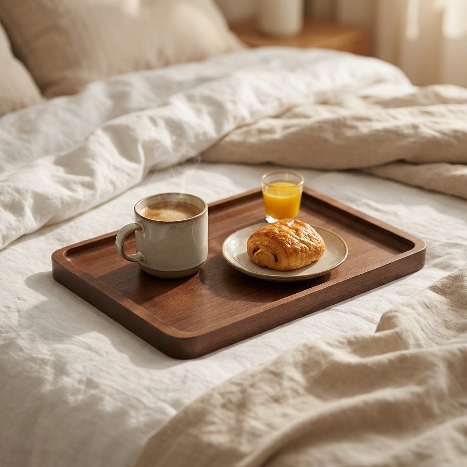 Plateau en bois foncé servant un petit déjeuner au lit avec café viennoiserie et jus d'orange