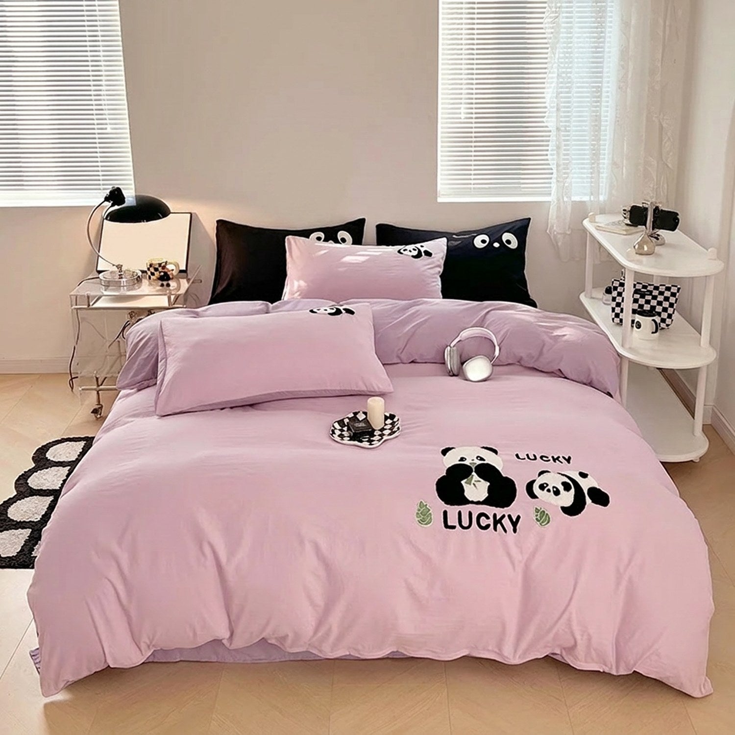 Parure de lit panda lilas en coton brodé chambre tendre