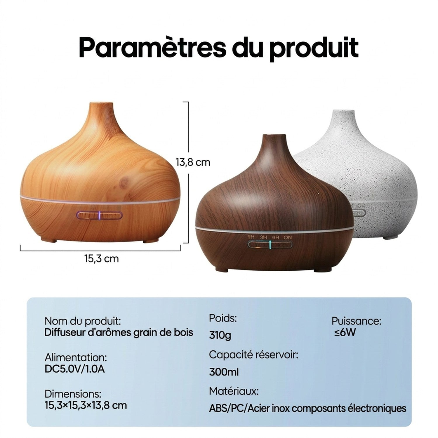 Paramètres du diffuseur d'aromathérapie grain de bois : dimensions 15,3×15,3×13,8 cm, capacité 300 ml, 3 modèles