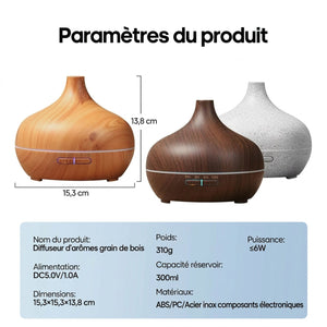 Paramètres du diffuseur d'aromathérapie grain de bois : dimensions 15,3×15,3×13,8 cm, capacité 300 ml, 3 modèles