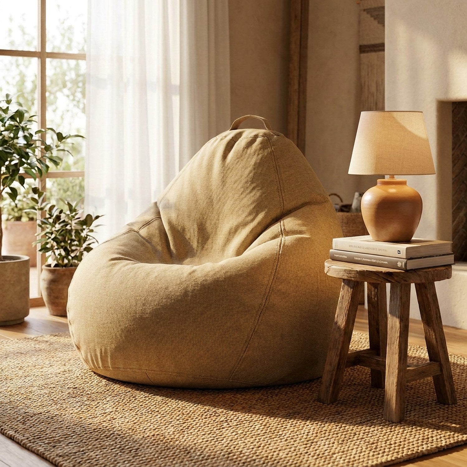 Pouf poire beige installé dans un coin salon lumineux près d'une fenêtre