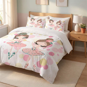 Parure de lit fille à motif duo de ballerines roses sur fond à pois pastel dans une chambre cocooning