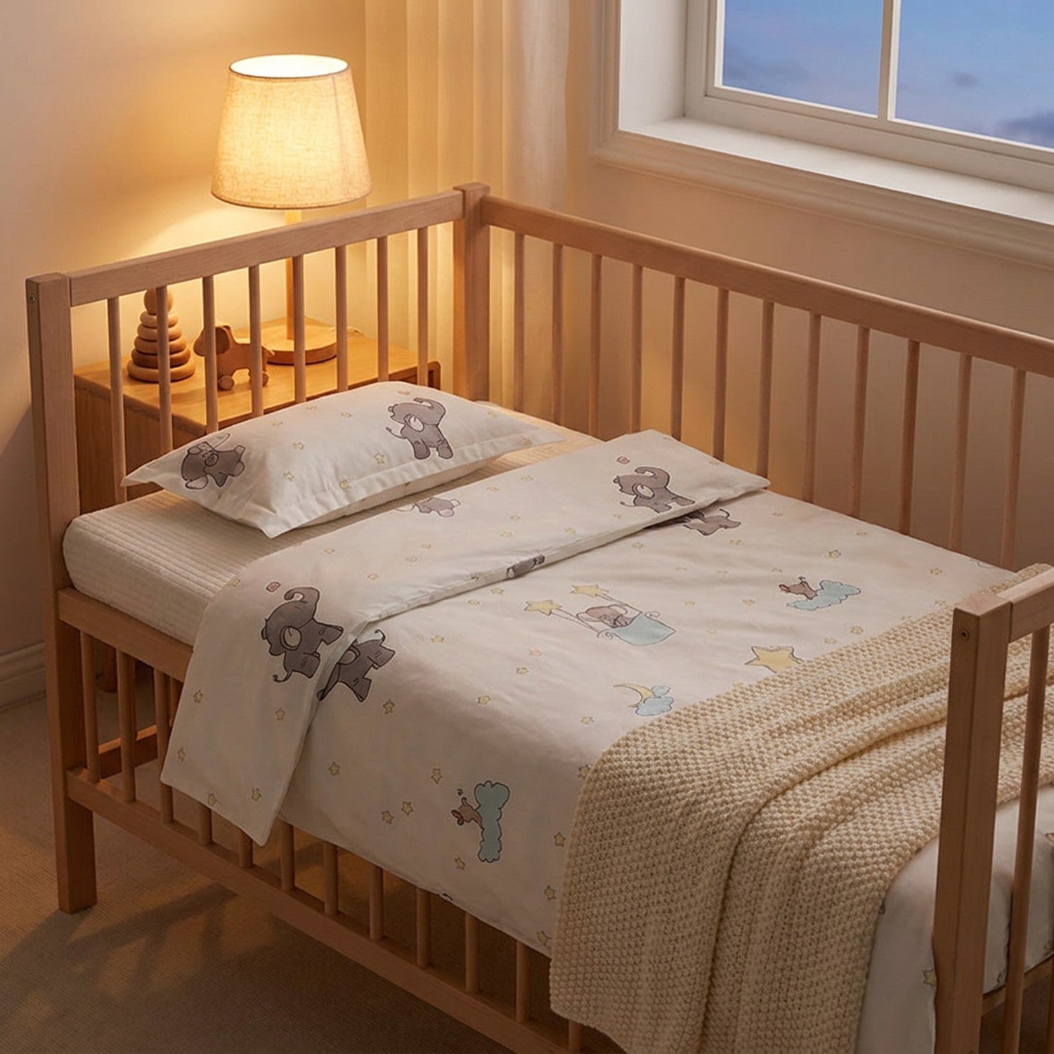 Parure de lit bébé motif éléphants sur un berceau avec lampe de chevet chaleureuse