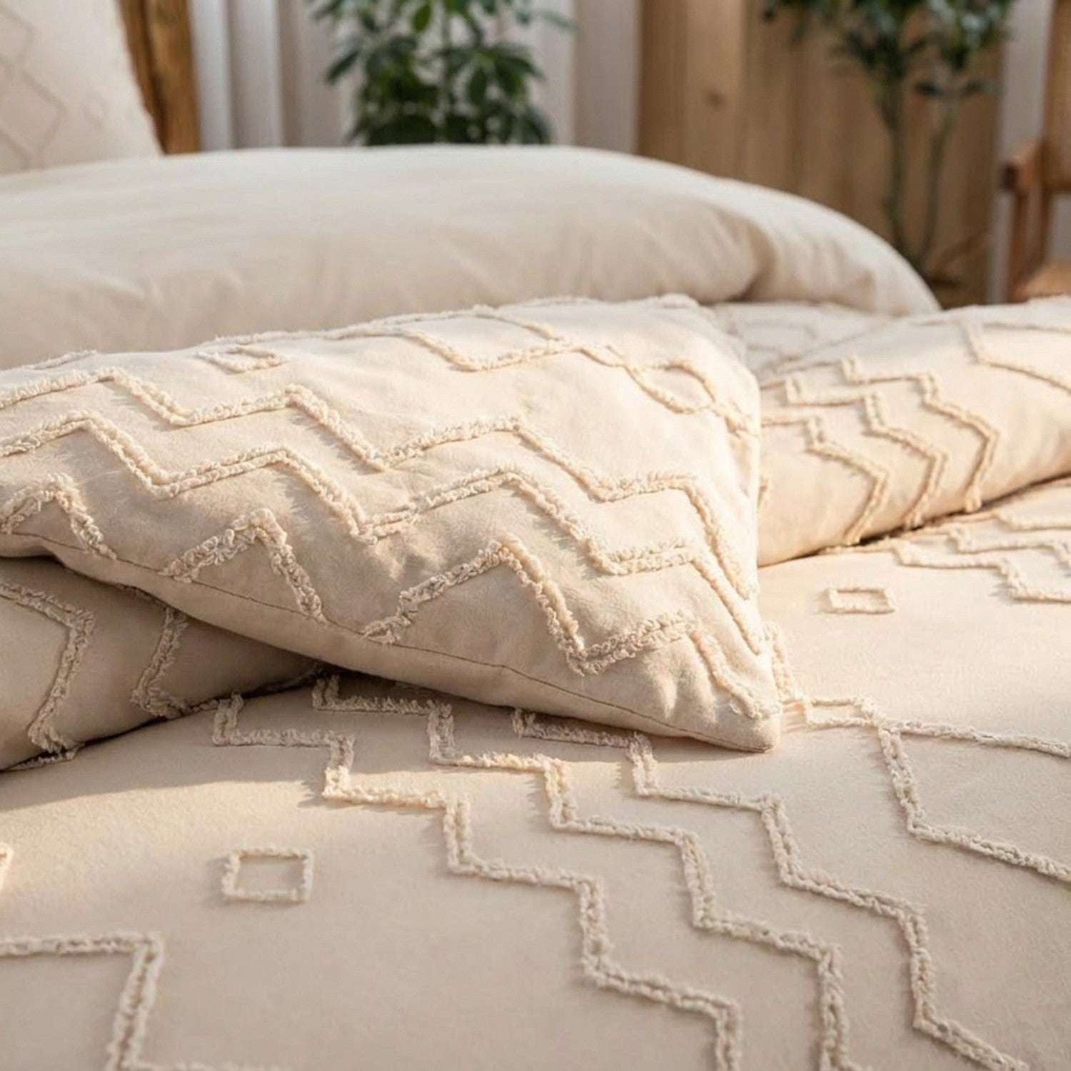 Détail de la texture touffetée en relief de la parure de lit bohème beige