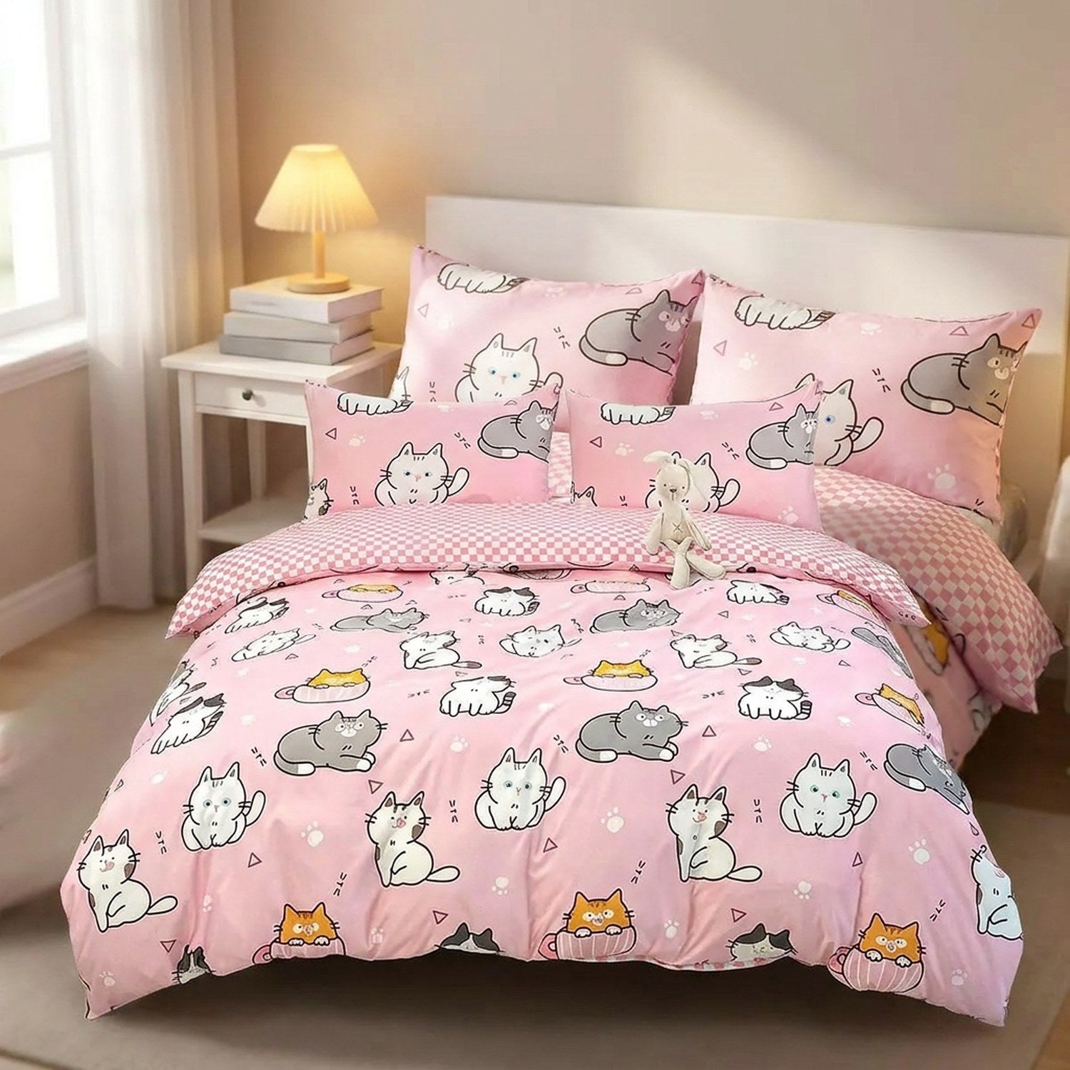 Parure de lit rose à motifs de chats kawaii installée sur un lit dans une chambre lumineuse