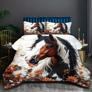 Parure de lit cheval avec taies assorties sur un lit à tête de lit bleu nuit