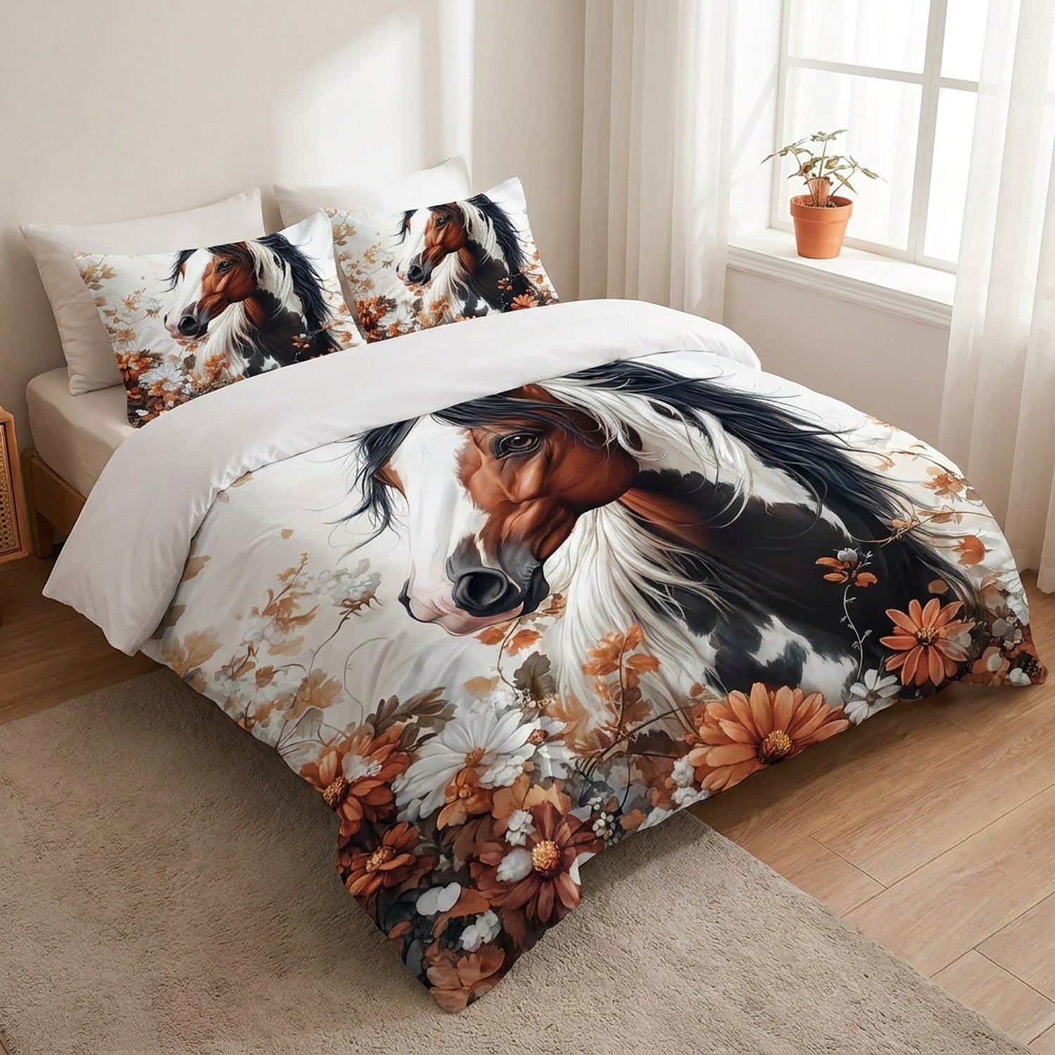 Parure de lit motif cheval installée sur un lit dans une chambre lumineuse avec plante à la fenêtre