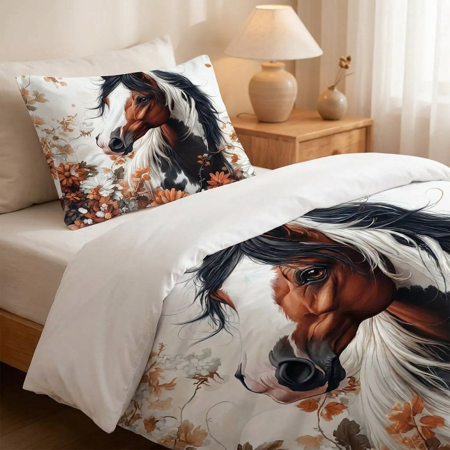 Taie d'oreiller et housse de couette motif cheval en gros plan sur un lit dans une chambre chaleureuse