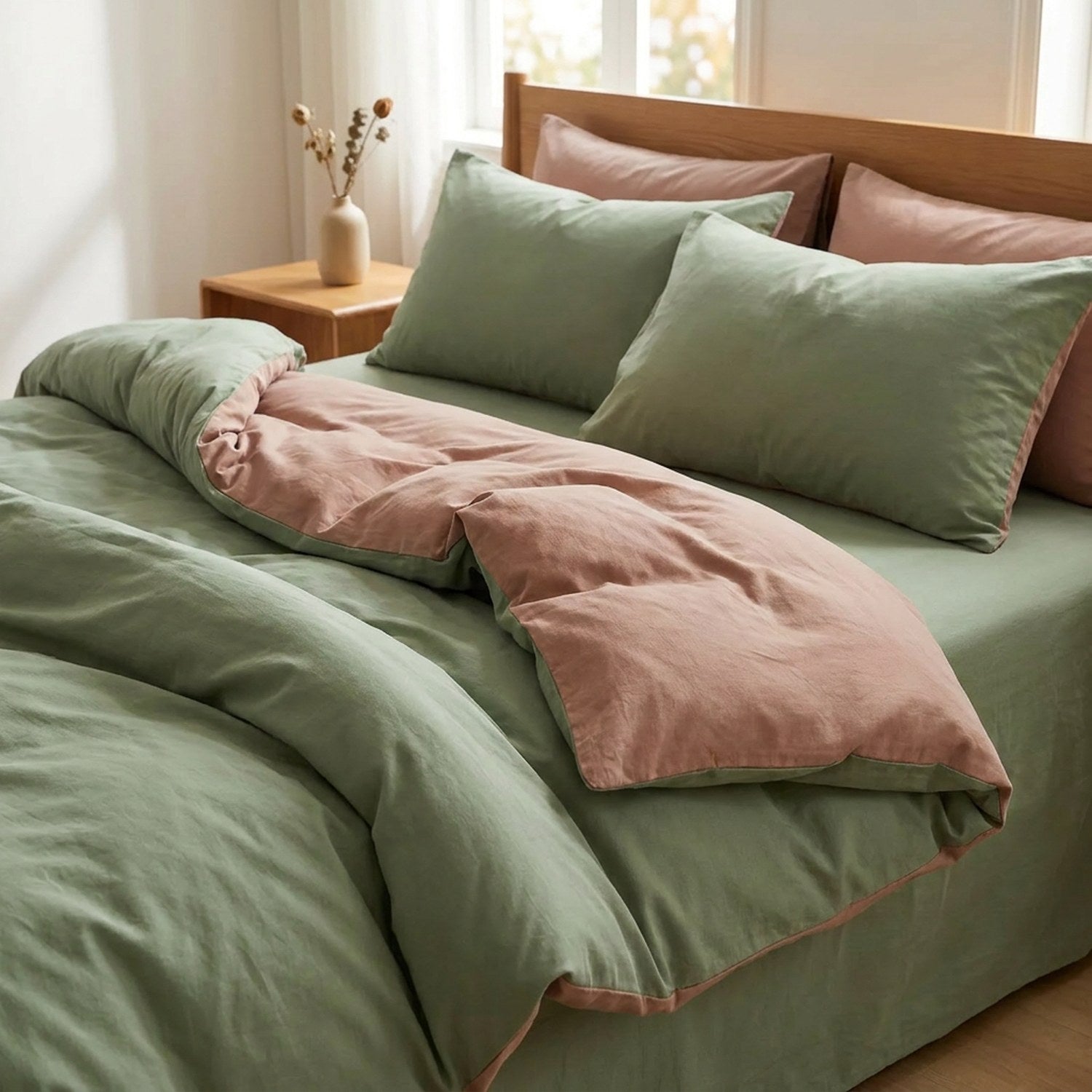 Parure de lit en coton lavé vert sauge et rose installée sur un lit dans une chambre chaleureuse