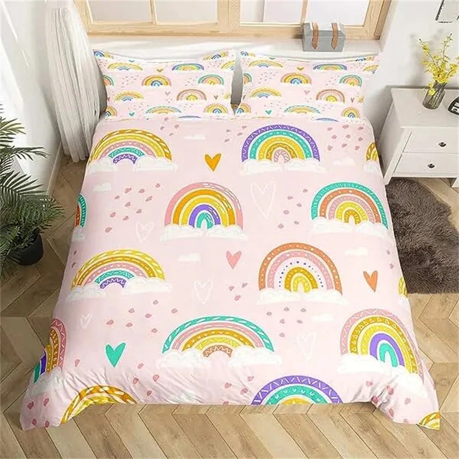 Parure de lit enfant arcs-en-ciel colorés et cœurs sur fond rose